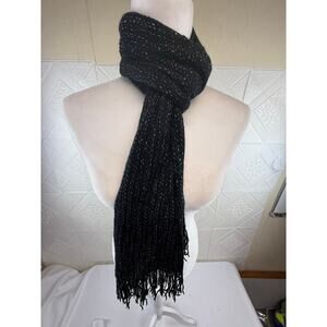 SCARF black with silver thread knit 8" x68" + fringe & stretch Acrylic +